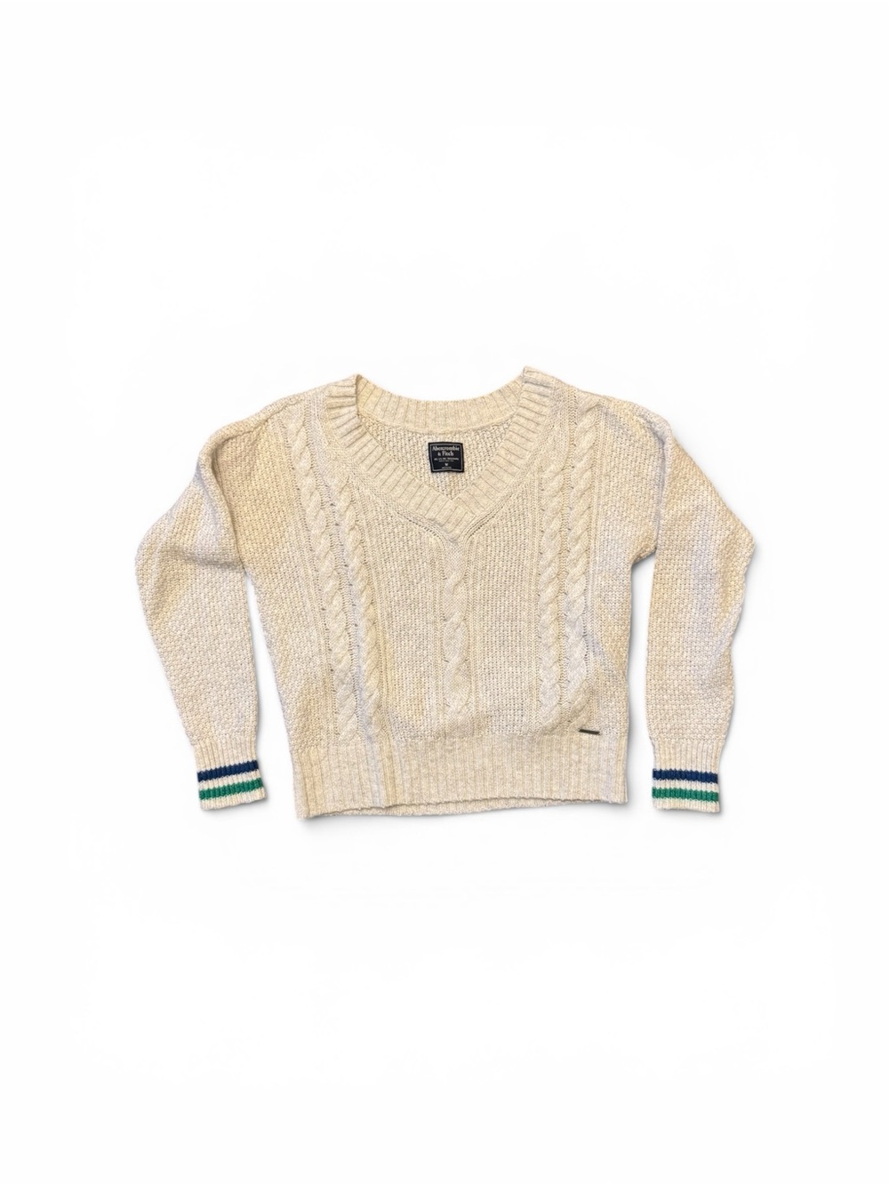 Abercrombie & Fitch Cream V-Neck Cable Knit Sweater with Green & Blue Trim